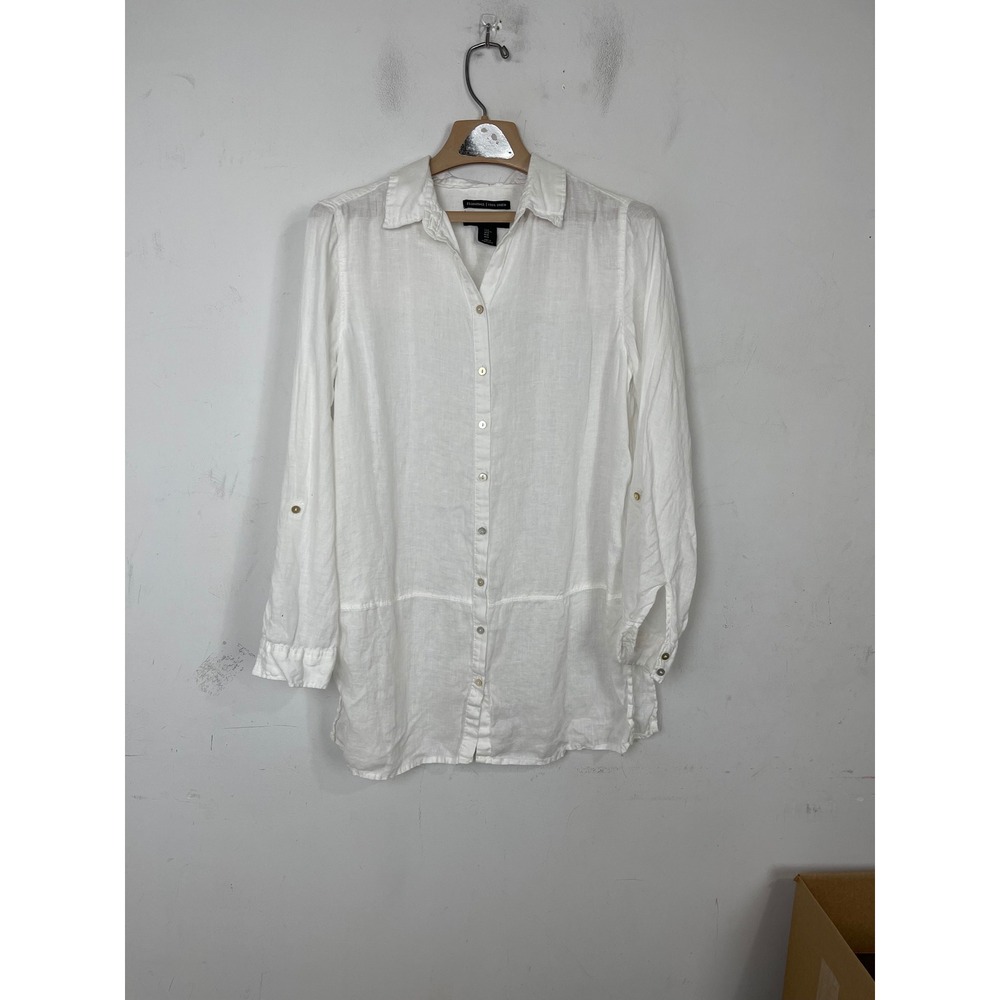 Tahari Essentials White 100% Linen Roll Tab Sleeve Button up Tunic Shirt Medium